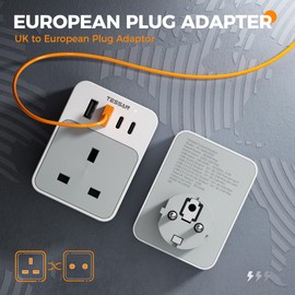 TESSAN TESSAN UK to European Plug Adapter, 5 in 1 Travel Adapter with 2 USB C and 2 USB A, 3600W European Plug Adaptor, Type E F Travel for Spain France Turkey Germany