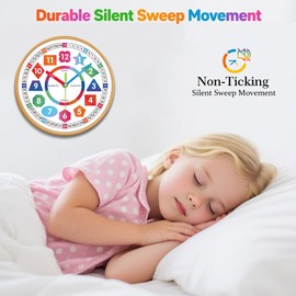 Wall Clock for Kids-Telling Time Easily Teaching Clock Silent Non Ticking Battery Operated Colorful Teaching Time Clock Decorative for Kids Room Classroom School Playroom (8 Inch)