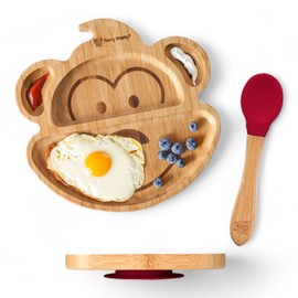 Teeny Weany® Baby Plate | Toddler Plates | Bamboo Plate Baby | Weaning Spoons | Suction Plate Baby | Eco - Friendly | Strong Suction Base | Promotes Self-Feeding | Monkey (Red)