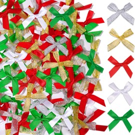 YGDZ Mini Christmas Bows, 50PCS Ribbon Bows, Small Bows for Crafts, Bow Ornaments for Christmas Tree, Christmas Crafts, Party Decor, Gift Wrapping (Red, Green, Silver, Gold, White)