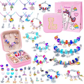 MOTYYA Charm Bracelet Making Kit with Initial Jewellery Box, DIY Jewellery Making Kit with Beads Charms Bracelets & Necklace String Toys Gifts Set for 6 7 8 9 10 11 12 Year Old Girls Birthday - L