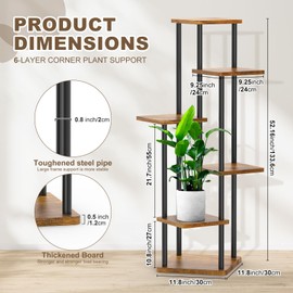 YOCOMEY 6 Tier Wood Tall Plant Stand Metal Rack Indoor, Multiple Flower Pot Holder Shelves Corner Rack, Planter Shelf Display Rack Storage Organizer for Patio Living Room Balcony Garden(Black)