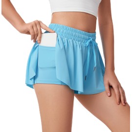 Gyozelem - Pantalones cortos deportivos para mujer, pantalones cortos deportivos 2 en 1, de doble capa, de secado rápido, cómodos, Azul-cielo, Large