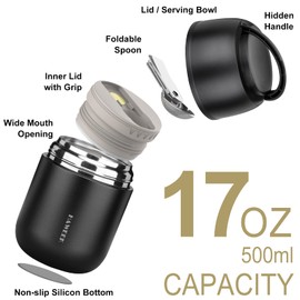 HAWEEK Insulated Soup Thermo 17oz - Stainless Steel Vacuum Lunch Box for Adults, Kids Leakproof Hot Food Container with Handle Folding Spoon (School Office Outdoor)