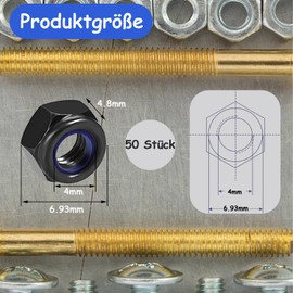 qingmeng Hex Nuts M4, Pack of 50 Nut M4 Black, Self-Locking Nuts, M4 Stop Nut Locking Nuts, Lock Nuts Set Screw Nut M4 Metric Thread