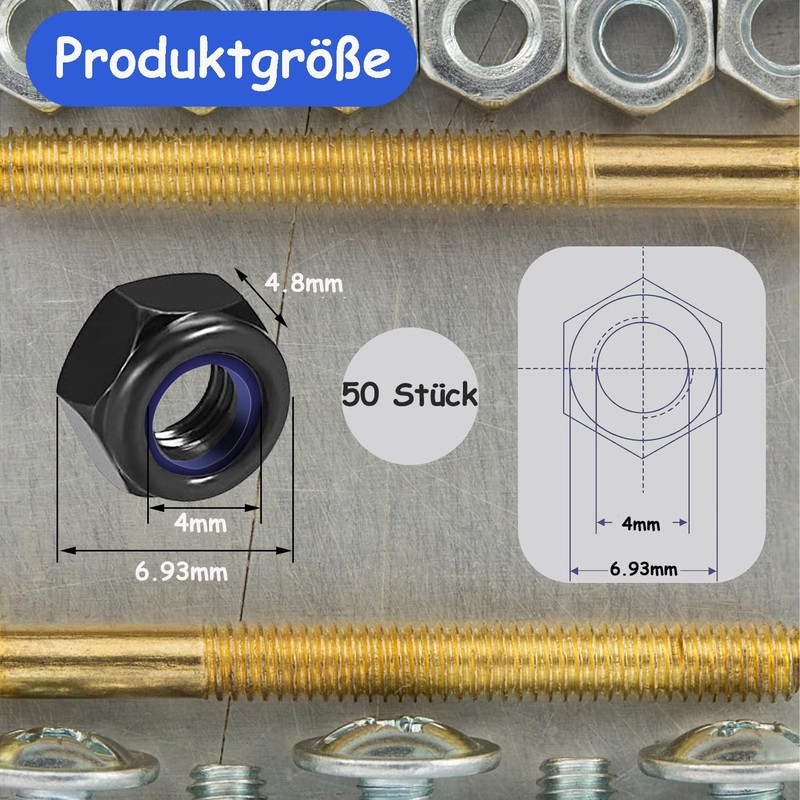 qingmeng Hex Nuts M4, Pack of 50 Nut M4 Black,