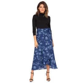 likemary Women's Maxi Wrap Skirt - Long Maxi Skirt with Floral Pattern - Casual & Comfortable - High Adjustable Waist - Ideal for Summer or Winter, Beach, Holiday & Party - Versatile - Floral Blue Floral, size: M/L (38-42)