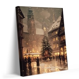 Vintage European Christmas Market Canvas Wall Art Decor - Festive Winter Scene with Snow, Lights and Decorated Tree, Ideal Decoration for Living Room or Office, 20X24 inch Elegant Holiday Decor