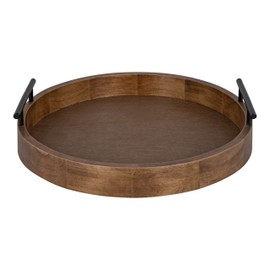 Kate and Laurel Lipton Modern Round Wood Tray, 15.5" Diameter, Rustic Brown with Black Handles, Decorative Accent Tray for Storage and Display