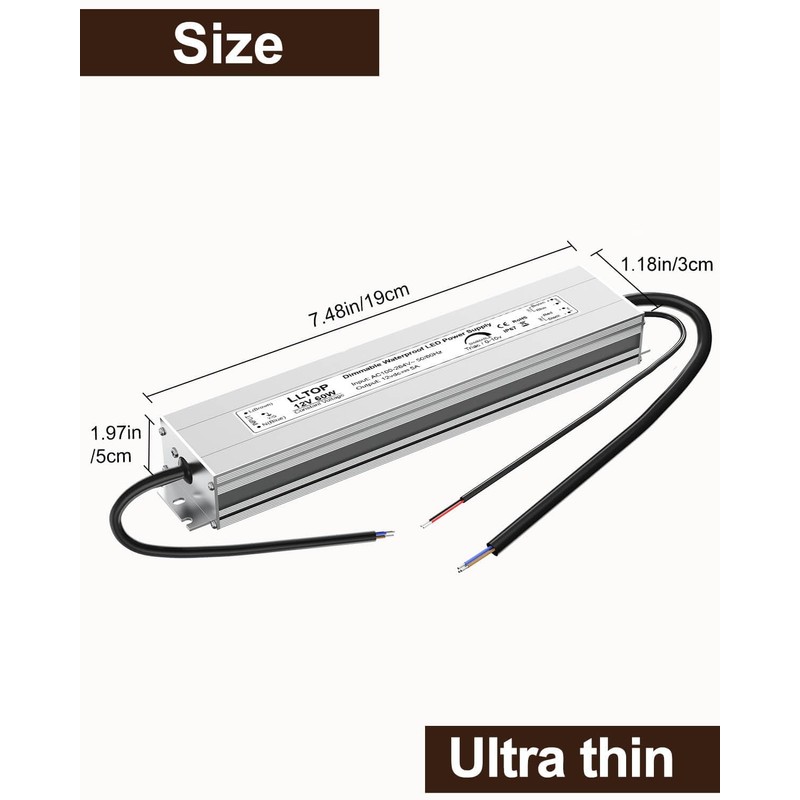 LLTOP Dimmable LED Driver 60W 12V Waterproof IP67 Triac 0-10v