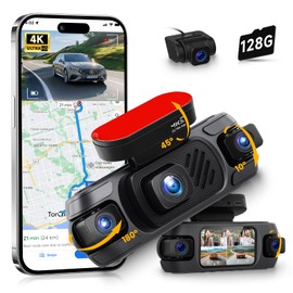 4K 360° Dash Cam 4-Channel Front/Rear/Inside/Side Car Dash Camera with WiFi, APP Control, Built-in GPS,128GB SD Card Included, 8 IR Night Vision, G-Sensor, 24/7 Parking Mode
