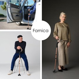 Famica Stand by Me Walking Cane for Elderly and Disabled, Adjustable with Soft Cushioned Handle, Portable Lightweight, Collapsible, Extra Standing Support Platform, Wide Footpad (Gold)