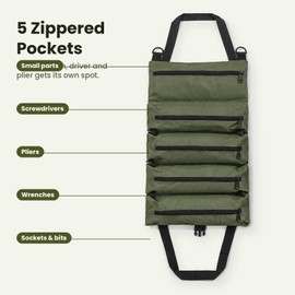 Heavy Duty Roll Up Tool Bag – Oxford Fabric Tool Organizer with 5 Zipper Pockets for Mechanics, Electricians & Garage Storage