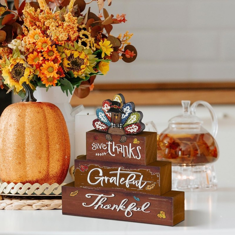 Smile Thanksgiving Decor Indoor Wooden Block Signs, Thankful Grateful Turkey