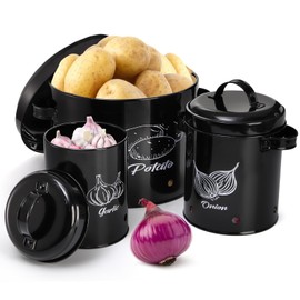 Frcctre 3 Pack Vegetable Storage Tins, Potato Onion Garlic Storage Canister Set, Black Metal Kitchen Vegetable Keeper Storage Containers with Aerating Holes