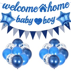 Welcome Home Baby Boy Banner - 22 Pcs Blue Welcome Home Decorations Glitter Banners Pennant Confetti Latex Balloons for Baby Shower Gender Reveal Newborn Birthday Themed Party Supplies