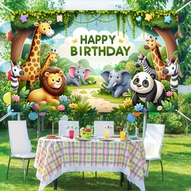 BlissYard Happy Birthday Banner Jungle Safari Theme Birthday Party Decorations 71x43Inch Animal Zoo Theme Birthday Party Backdrop Tropical Forest Poster for Boys Girls Birthday Party Wall Supplies