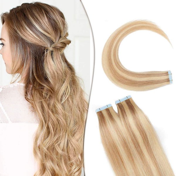 SEGO Tape Extensions, Real Hair Extensions Tape, 20 Wefts, 60 g / Set, 100% Remy Human Hair, Tape-in Hair Pieces, Straight, Honey Blonde / Light Blonde #18p613-1, 12-inch (30 cm) - 50 g
