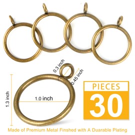 Antique Brass Curtain Rings with Eyelets for Up to 3/4-inch Curtain Rods (Set of 30 PCS Curtain Rings) (1 inch Inner Diameter)