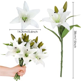 RERXN Artificial Tiger Lily Latex Real Touch Flower Home Wedding Party Decor,Pack of 5 (White)