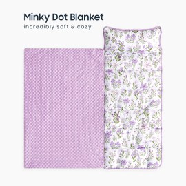 Wake In Cloud - Toddler Nap Mat with Pillow and Minky Fleece Blanket, for Kids Boys Girls in Daycare Preschool Kindergarten, Roll Up Sleeping Bag, Floral Purple White, Standard Size