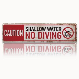 Retro Tin Metal Sign, Caution Shallow Water No Diving, Aluminum Pool Signs, Swimming Pool Outdoor Signs, Vintage Warning Sign for Pools, Distressed Metal Attention Plaque, 15.8x4 Inches