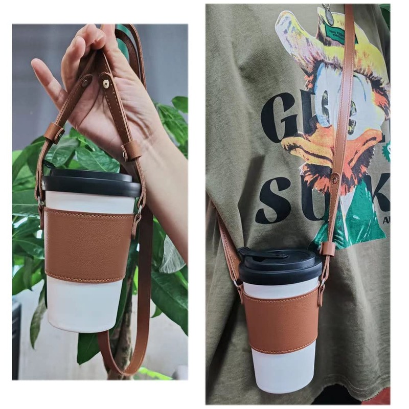 Bombinate Leather Cup Holder Round Coffee Handle Strap Bag