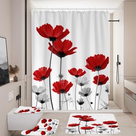 Coxila Red Floral Shower Curtain Sets Poppy Grey White Rose Abstract Flower Elegance Art Toilet Lid Cover U Shaped Bath Mat 4 Pcs Decor Bathroom Non-Slip Rug Fabric Polyester 60x72 Inch