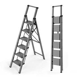 WOA WOA 6 Step Ladder, Lightweight Foldable Ladder with Non-Slip Wide Pedals, Stepladder with Safe Handrail, Space Saving for Home, Kitchen, Indoor & Outdoor Use - Black