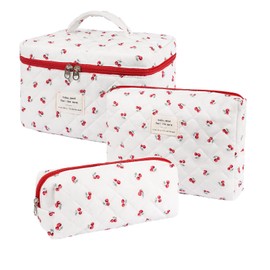 Cosmetic Bag, Quilted Cosmetic Bag for Women, Flower Makeup Bag, Travel Toilet Organiser Bag Set, cherry