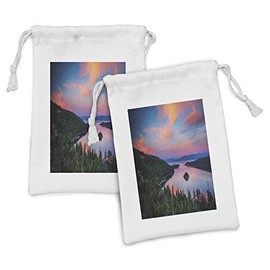 Ambesonne Lake Tahoe Fabric Pouch Set of 2, California Photography Rustic Themes Sundown Time Freshwater Sierra Nevada Lake, Small Drawstring Bag for Toiletries Masks and Favors, 9" x 6", Multicolor
