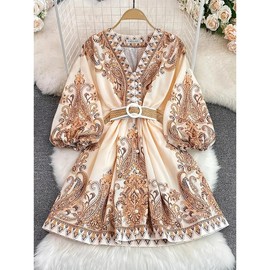 Bohemian Floral Paisley Print V-Neck Long Sleeve Dress with Puff Sleeves, Adjustable Ring Buckle Belt & Contrast Embroidered Hem - Beige/Brown - Colour: Apricot, Size: S