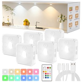 GBEAST 6 Pack Under Cabinet Lighting, Rechargeable Motion Sensor Puck Lights with Remote Control, 3 Color Temps & 9 RGB Colors, Magnetic Stick on Dimmable LED Closet Light for Kitchen Shelf Bedroom