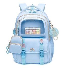 QIXIHU Girls Backpack, Kawaii Kids Backpacks for Girls Multiple Pockets School Bookbag for Girl for Primary Elementary School, Age 6-12 Years Old, Blue