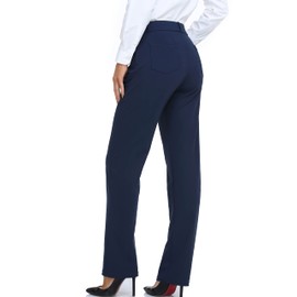 Oalka Women's Dress Pants Straight Leg Yoga Work Stretchy Pant for Office Business Navy Blue Regular XL