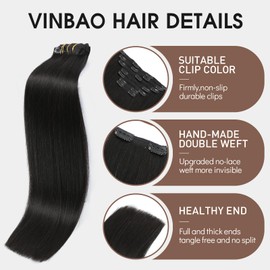 VINBAO Clip-In Real Hair Extensions, 35 cm, 140 g, Natural Black, 7 Pieces, 14 Inches, #1B