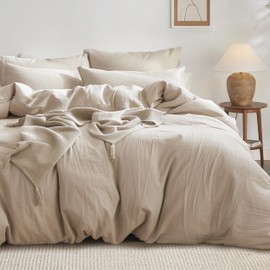 Bedsure 100% Washed Cotton Duvet Cover Oversized King - Warm Sand Minimalist Duvet Cover Linen Like - 3 Pieces Plain Simple Duvet Cover Set with 2 Pillow Shams (Warm Sand, Oversized King, 120"x98")