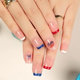 Independence Day Press on Nails Short Square Fake Nails Red Blue White French Tips Design Glue on Nails 4th of July Dove Full Cover Stick on Nails False Nails for Women Girls Manicure Decoration