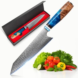 KEENZO Damascus Kiritsuke Knife 8 inch, Professional Kitchen Knives set, Sharp High Carbon Stainless Steel Cooking Knife, Ergonomic Blue Resin & Natural Wood Handle with Gift Box for Home & Restaurant