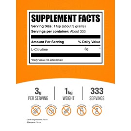 BulkSupplements.com L-Citrulline Powder - Citrulline Supplement, Nitric Oxide Supplement - Unflavored & Gluten Free - 3g per Servings, 1kg (2.2 lbs) (Pack of 1)