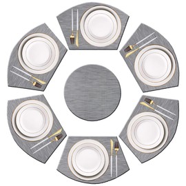PIGCHCY - Juego de 6 manteles individuales en forma de cuña con centro de mesa, redondos, lavables, manteles individuales de cocina, resistentes al calor (gris plateado)