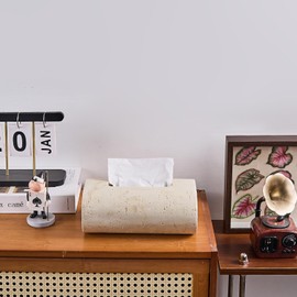 Natural Travertine Textures Tissue Box Holder Rectangle, Resin Facial Tissue Holder Cover, Decorative Bulk Tissue Paper Dispenser for Bathroom Kitchen Bedroom Living Room Office (Beige)