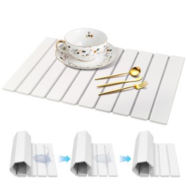 Large Stone Dish Drying Mat for Kitchen Counter, 24"(L)×16"(W), Collapsible Fast Drying Dish Mats, Drying Dish Mats, Quick Drying Diatomaceous Earth Mats for Dishes, Cups, Match Any Countertop (White)