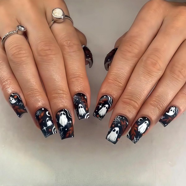 Halloween Press on Nails Short Square Fake Nails with Designs