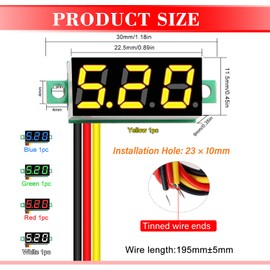 YIXISI Pack of 5 0.28 Inch Mini Digital Voltmeter, Measuring Range DC 0-100 V, Three-Wire Voltage Tester, Reverse Polarity Protection and Accurate Pressure Measurement (Red, Yellow, Blue, Green,