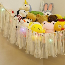 Stuffed Animals Net or Hammock with LED Light, Toy Hammock Net with Tassels Hanging Stuffed Animals Storage Holder Room Décor for Nursery Kids Bedroom (White)