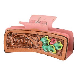 American Darling Floral Long Hair Claw Hand Tooled Carved Genuine Leather Brown Clips Clutcher Gift For Women Girls