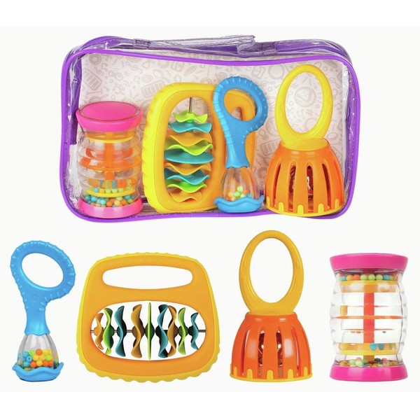 Halilit Baby Band Musical Instrument Gift Set. 4 Piece Musical Sensory set Includes a Rainboshaker, Clip Clap, Cage Bell, Baby Maraca and Clear Carry Case. Suitable for Boys and Girls 6 month +