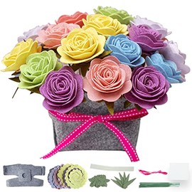 BAZIMA DIY Felt Flower Art Craft Kit, DIY Felt Colorful Roses Bouquet Kit,DIY Felt Colorful Roses Pot Bonsai Kit, Floral Gifts,Beginner Craft Kit,Arrange Pre-Cut Felt Flowers and Foliage