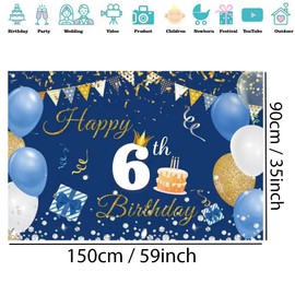 Happy 6th Birthday Backdrop Party Decoration Banner for Boy/Girl Happy 6 Years Old Fabric Sign Poster, Blue Photography Background Sixth Birthday Party Supplies, 150cm x 90cm